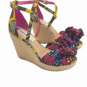 Gianni Bini Pink Yellow Ethnic Print Platform Wedge Espadrilles Ankle Strap 9.5